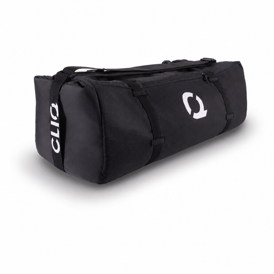 Black duffel bag with visible branding on a white background - PaQ Chair Bag - CLIQ