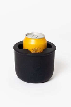 Black drink cooler with a yellow can inside on a white background