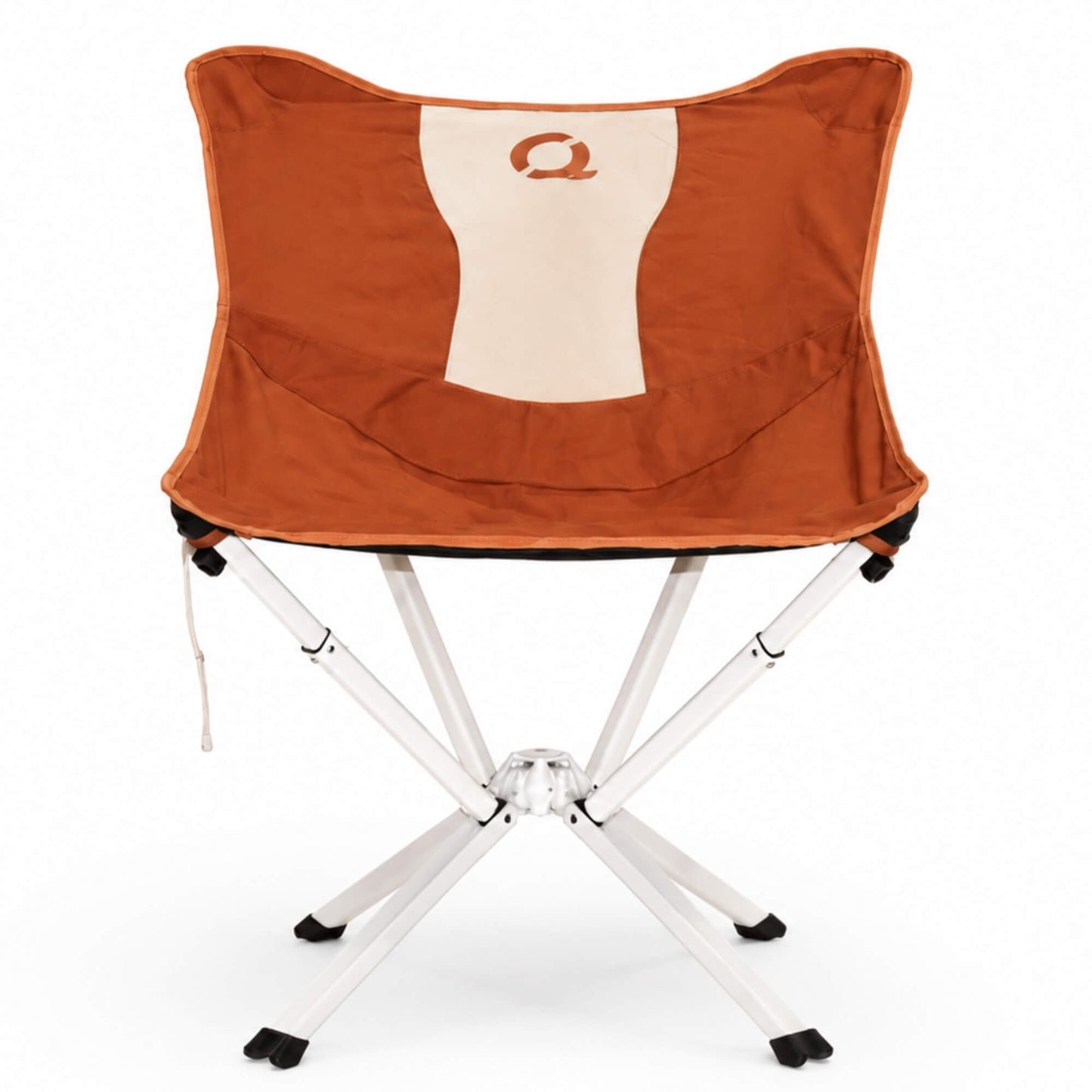 A folding camp chair in canyon orange fabric seat and backrest, featuring a cream-colored vertical panel on the backrest with a stylized orange letter CLIQ Q logo. The chair has a white metal folding frame with black plastic feet and leg caps, shown against a plain white background. Limited Edition MystiQ Canyon Orange - CLIQ