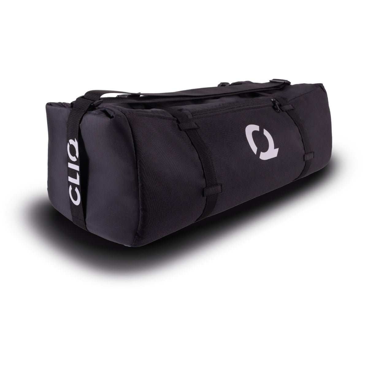 Black duffel bag with visible branding on a white background